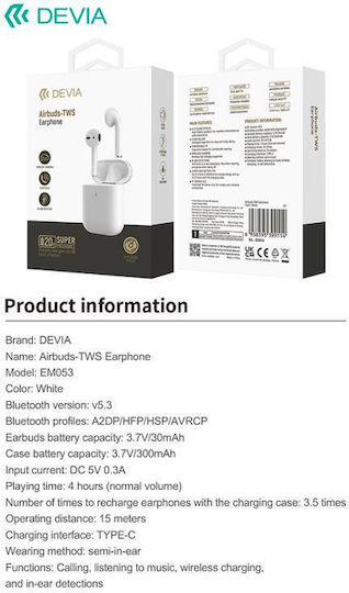Devia EM053 In-ear Bluetooth Handsfree Ακουστικά με Θήκη Φόρτισης Λευκά