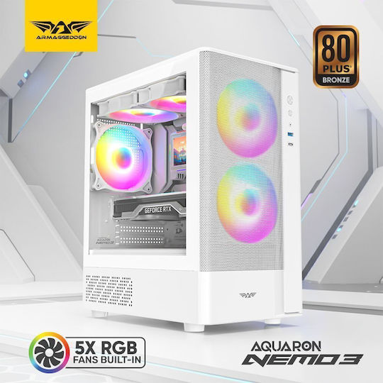 Armaggeddon Aquaron Nemo 3 Gaming Mini Tower Computer Case with Side Window and ARGB Lighting White