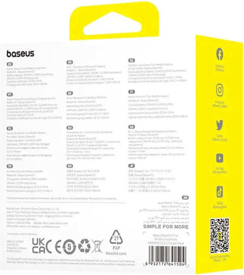 Baseus Bowie E5 Earbud Bluetooth Handsfree Ακουστικά με Θήκη Φόρτισης Μαύρα