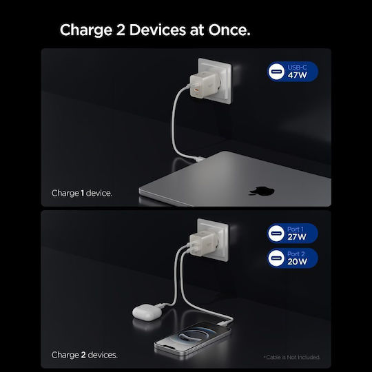 Spigen GaN Charger Without Cable with 2 USB-C Ports 47W Power Delivery / Quick Charge 3.0 Natural Titanium (Essential)