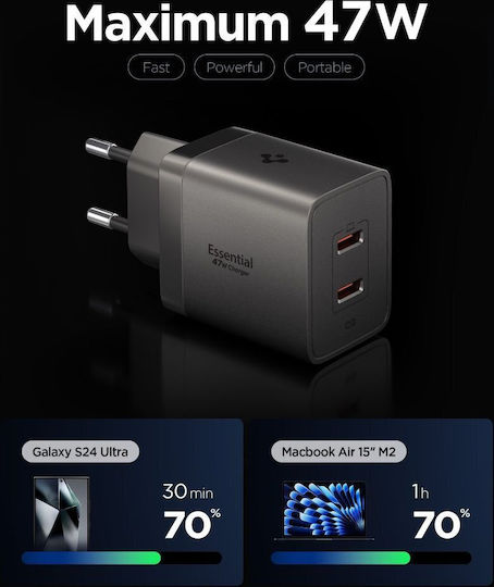 Spigen Φορτιστής Χωρίς Καλώδιο GaN με 2 Θύρες USB-C 47W Power Delivery / Quick Charge 3.0 Gunmetal (Essential)