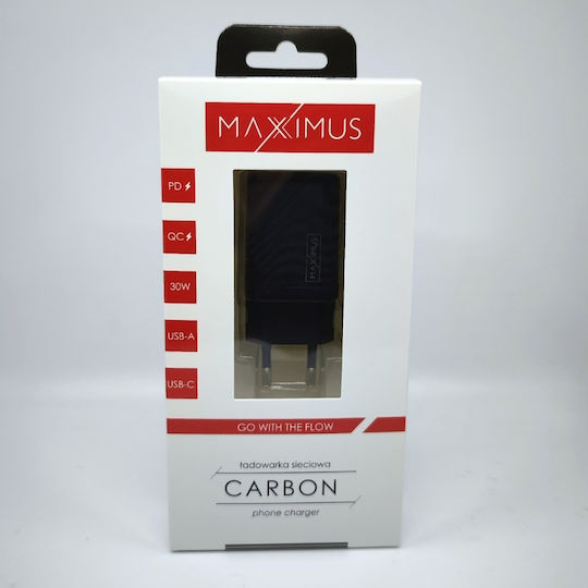 Maxximus Зарядно Устройство Без Кабел с USB-A и USB-C Порт 30W Power Delivery / Quick Charge 4.0 Черно (MX Carbon)