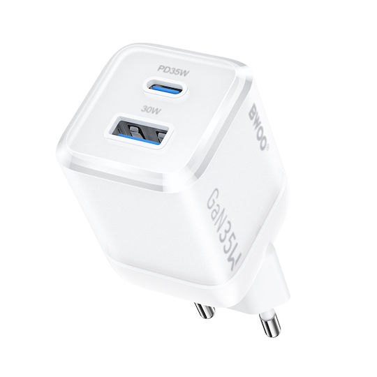 BWOO Зарядно с вграден кабел GaN с USB-A порт и USB-C порт 35W Power Delivery Бял (CDA222)