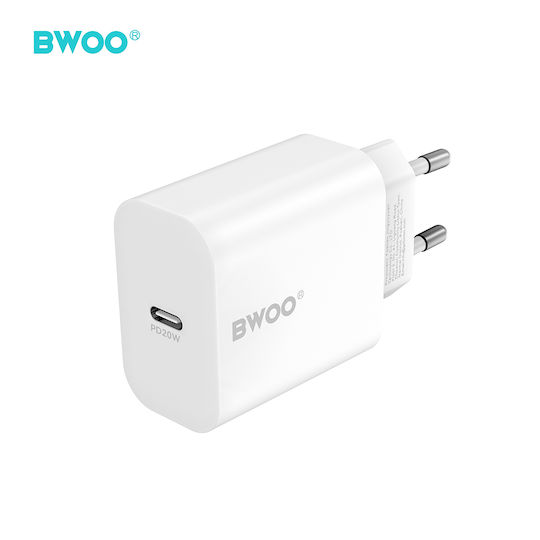 BWOO Mobile Phone Charger With USB-C Port And USB-C - Lightning Cable 20W Power Delivery White (CDA233)
