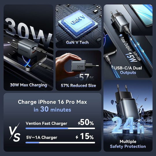 Vention Vention GaN Wireless Charger with USB-A and USB-C Ports 30W Power Delivery Quick Charge 3.0 Gray