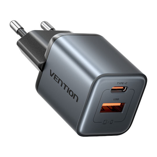 Vention Vention GaN Wireless Charger with USB-A and USB-C Ports 30W Power Delivery Quick Charge 3.0 Gray