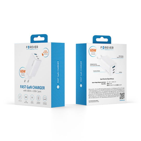 Forever Charger Without Cable GaN with USB-A Port and 2 USB-C Ports 65W Power Delivery Whites (TC-08-65ACC)