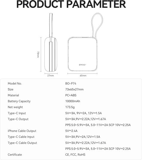 BWOO P74 Power Bank 10000mAh 22.5W with USB-C Port Silver