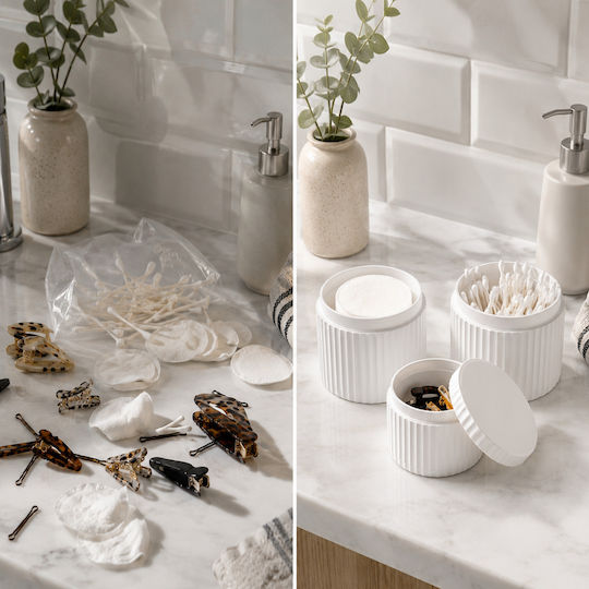 Femmit Badezimmerzubehör-Set aus 3 Stück Weiß mit Deckel Baumwolle Wattestäbchen Haarnadeln & Make-up-Accessoires