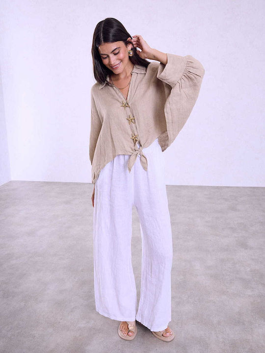 Celestino Damenhemd Kurz Leinen Bindung Loose Fit Beige