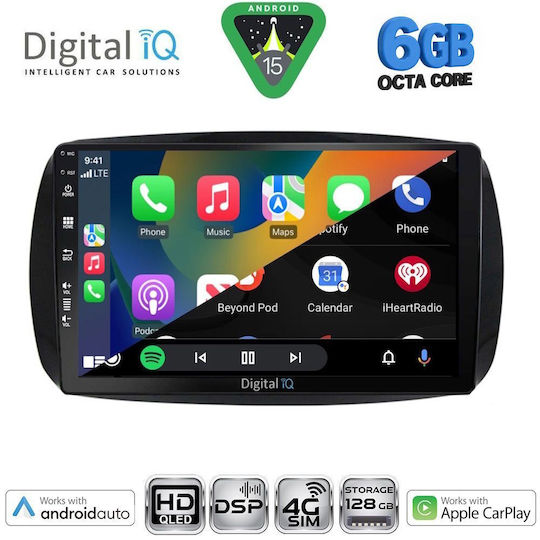 Digital IQ Car Audio System for Smart ForTwo 2015 (Bluetooth/USB/WiFi/GPS/Apple CarPlay/Android Auto) with 9" Touch Screen