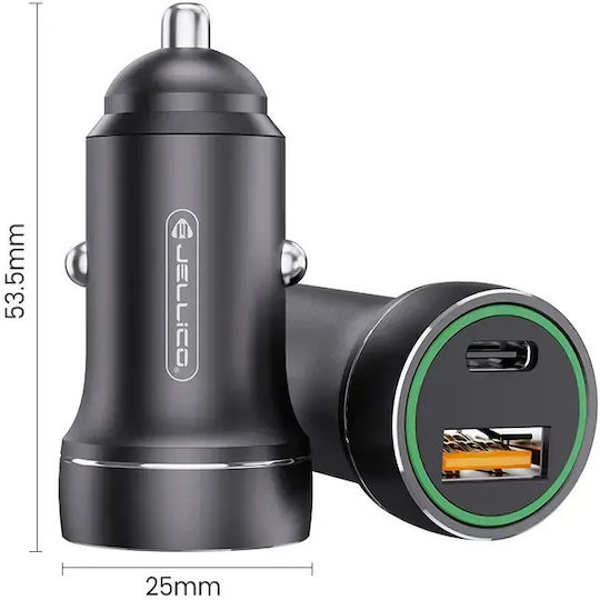 Jellico Forever Autoladegerät 20W Schnellladen mit Anschlüssen: 1xUSB-A 1xType-C zusammen mit Kabeltyp Type-C Schwarz