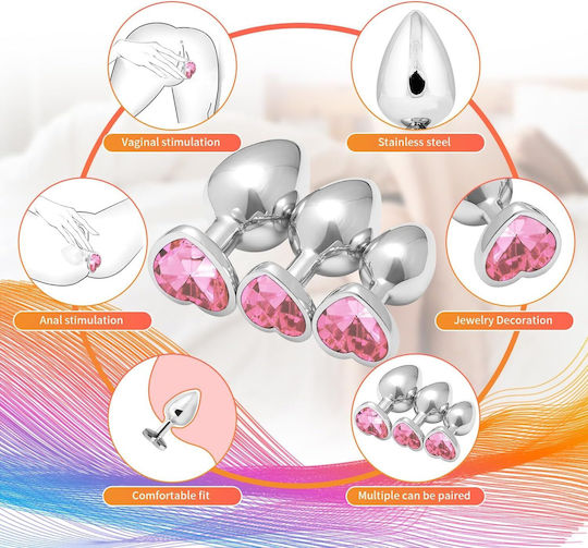 SMD Analyzer Triple Heart Plug Anal Set Inimă Argintie / Roz 3 Bucăți