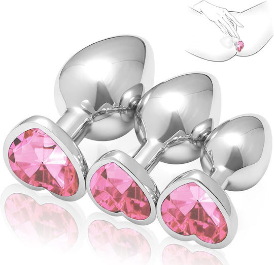 SMD Analyzer Triple Heart Plug Anal Set Inimă Argintie / Roz 3 Bucăți