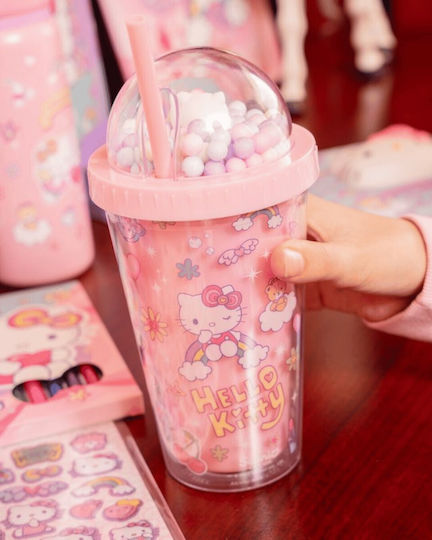 Colorino Kinder Trinkflasche Hello Kitty Kunststoff mit Stroh Rosa