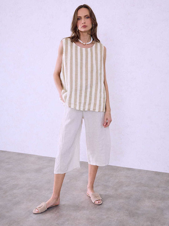 Celestino Damen Bluse Leinen Gestreift Loose Fit Beige