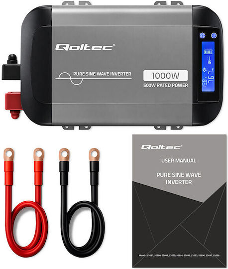 Qoltec Μετατροπέας Τάσης Pure Sine Wave 12v 230v 500/1000w Lcd Usb Usb‑c Συμβατός Lifepo4 Gel Agm