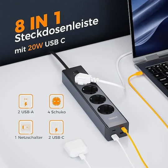 Tessan Πολύπριζο 4 Θέσεων με 2 USB-A, 2 USB-C, Διακόπτη και Καλώδιο 2m