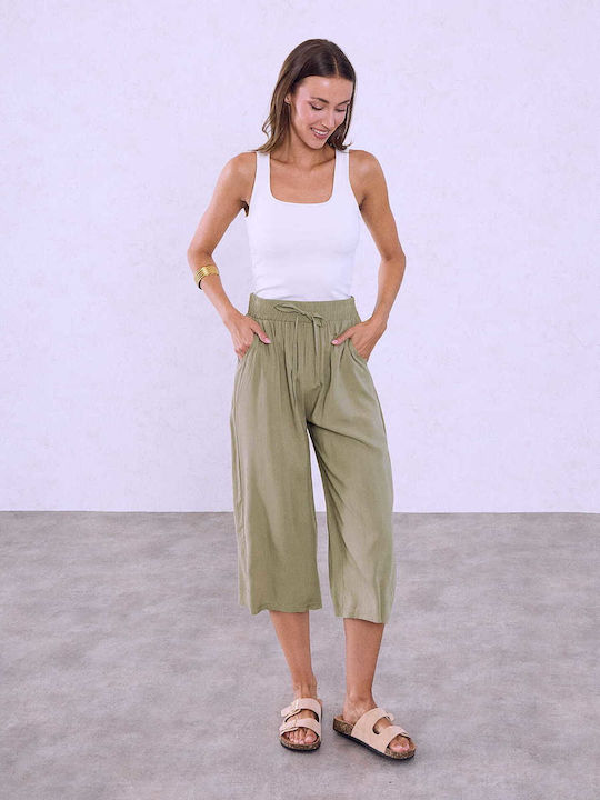 Celestino Zip-Culottes Baumwollstoff Loose Fit Olivgrün