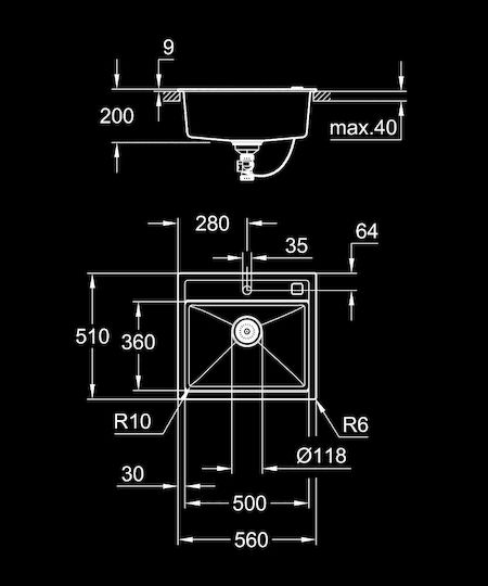 Grohe K 700 Ένθετος Νεροχύτης από Συνθετικό Γρανίτη Μ56xΠ51cm Granite Black