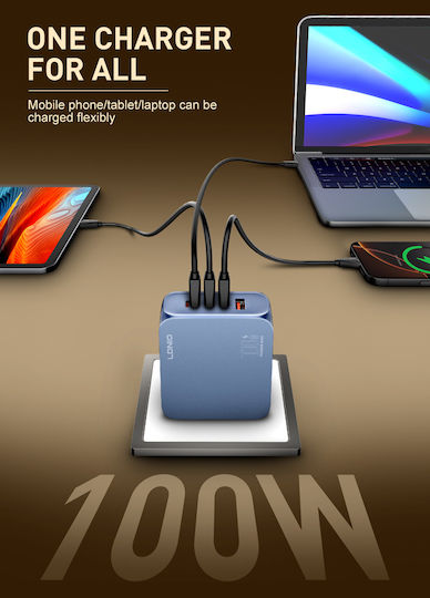 Ldnio GaN Charger With USB-A Port And 3 USB-C Ports And USB-C Cable 100W Power Delivery Quick Charge 3.0 Blue Q8