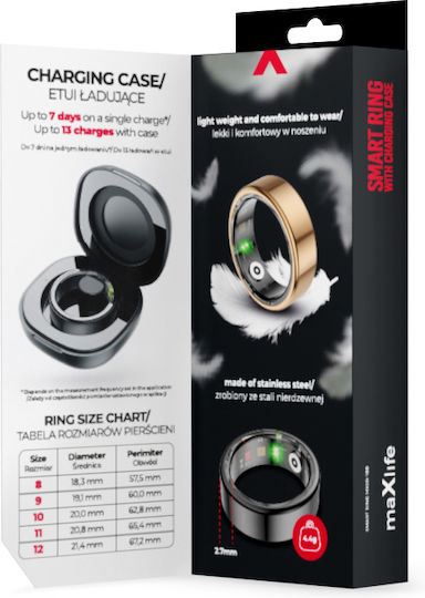Maxlife MXSR-100 Size 10 Smart Ring 20mm Waterproof with Heart Rate Monitor Gold
