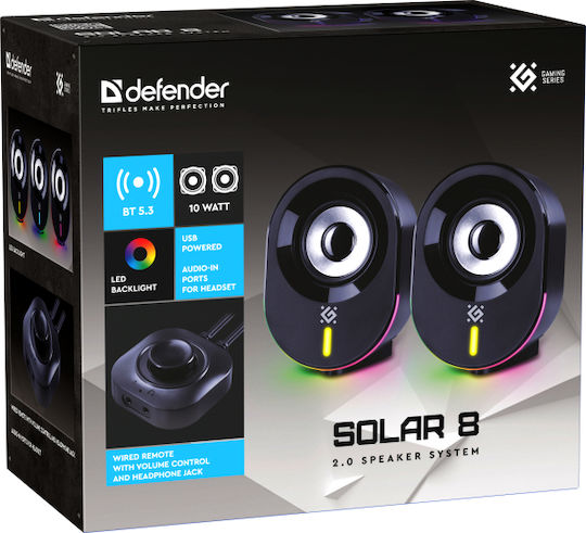 Defender SOLAR 8 Ασύρματα Ηχεία Υπολογιστή 2.0 με Bluetooth και Ισχύ 10W Μαύρα