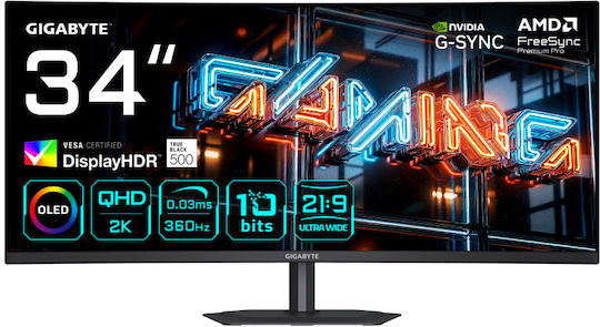 Gigabyte MO34WQC36 Ultrawide OLED Monitor 34" QHD 3440x1440 360Hz με Χρόνο Απόκρισης 0.03ms GTG