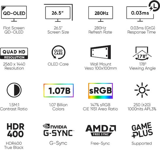 Armaggeddon PXP-27UXO-W QD-OLED Gaming Monitor 27" QHD 2560x1440 280Hz with Response Time 1ms GTG White