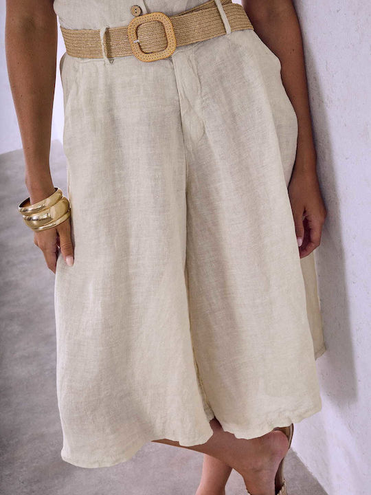 Celestino Ζιπ Κιλότ Γυναικεία Παντελόνα Λινή Ζώνη Loose Fit Μπεζ