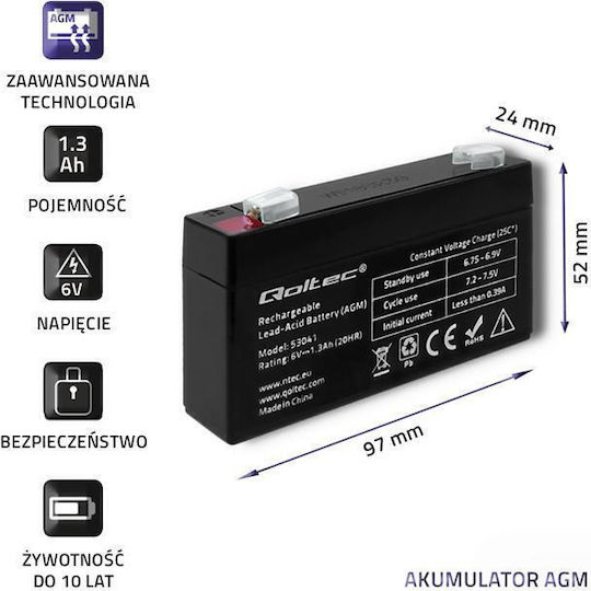 Qoltec UPS Battery with Capacity 1.3Ah and Voltage 6V 53041 1pcs