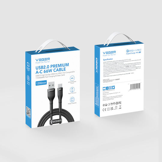 Veger Veger USB Typ-C Kabel USB 2.0 Männlich - USB-A 66W Schwarzes 1,2m 315385