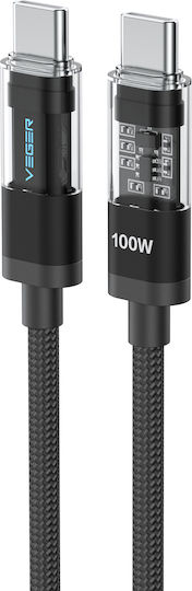 Veger LED / Braided USB 2.0 Cable USB-C male - USB-C 100W Μαύρο 1.5m CC16