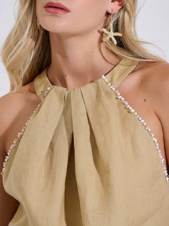 Women's Summer Linen Sleeveless Blouse with Neck Tie Beige