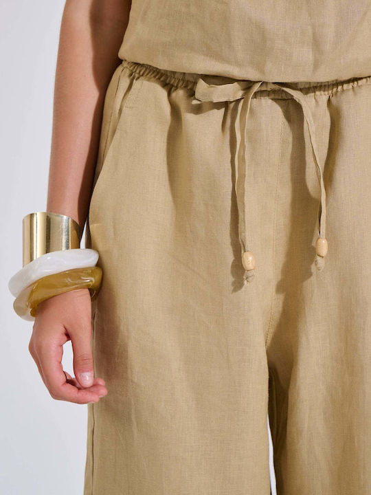 Women's Linen Pantaloons with Elastic in Loose Fit Beige