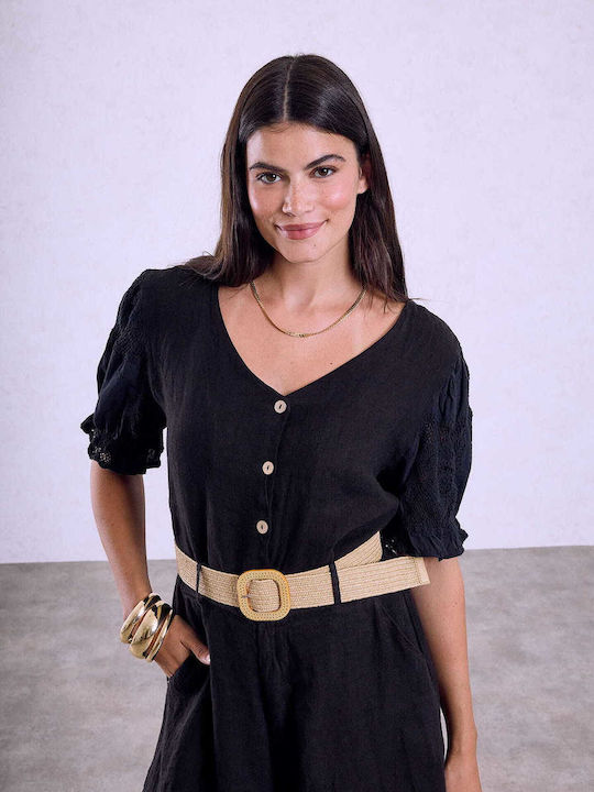 Celestino Women's Linen Shirt Crochet Details Black