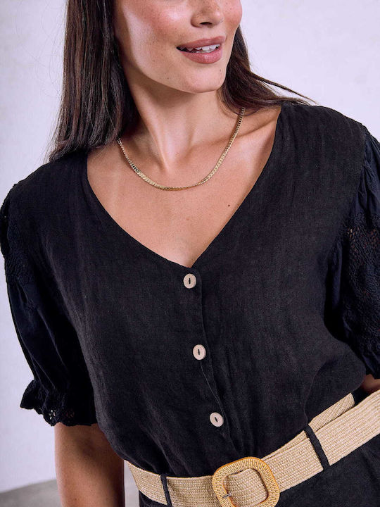 Celestino Women's Linen Shirt Crochet Details Black