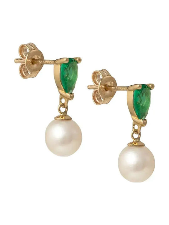 Stud Earrings 9K Gold with Green Stones & Pearls