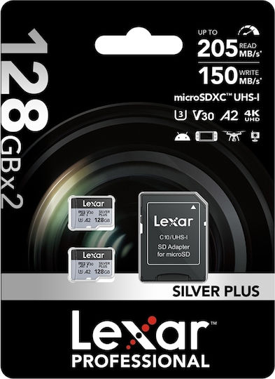 Lexar Professional Silver Plus (2-pack) microSDXC 128GB U3 V30 A2 UHS-I 150MB/s cu adaptor