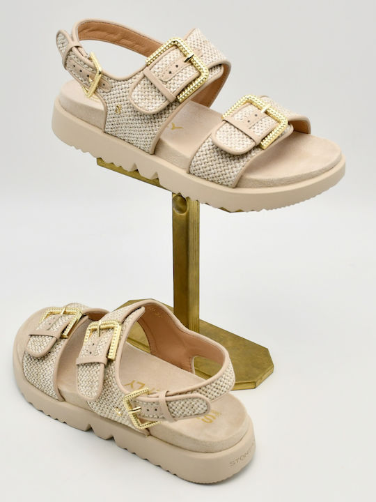 Δερμάτινα Γυναικεία Σανδάλια Flatforms Μπεζ
