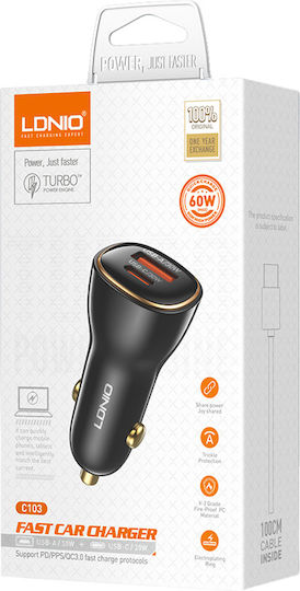 Ldnio Car Charger C103 Lightning Cable USB/USB-C 60W Black 5210131159958