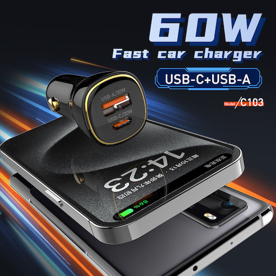 Ldnio Car Charger C103 Usb-c Cable Usb/usb-c 60w Black 5210131159941
