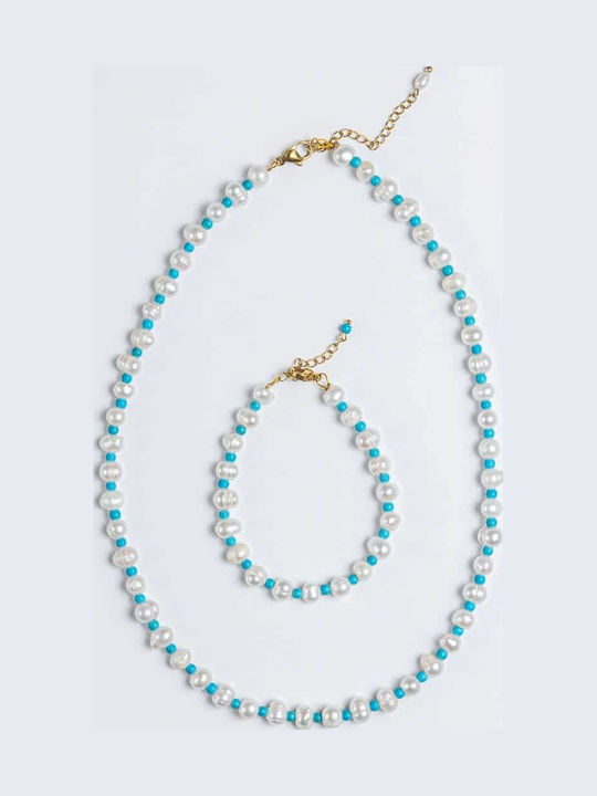 Cuoro Necklace with Light Blue Pearls
