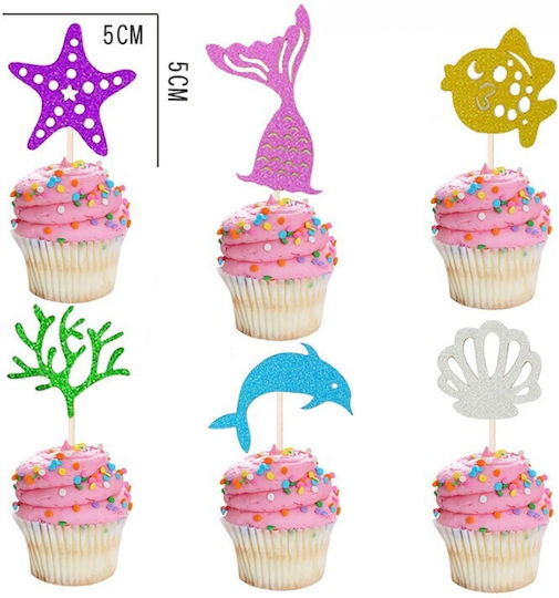 Cake Pastry Topper Set Alista Home Mermaid Theme Large Happy Birthday Script Model 16.5x8.2 Cm 6 Small Marine Model Toppers 5x5 Cm Multicolor