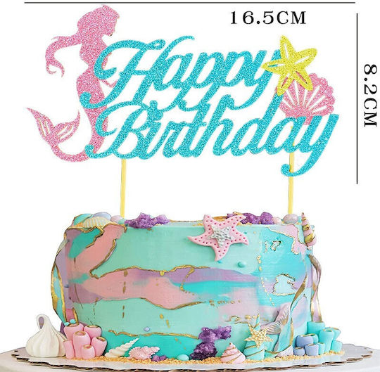 Cake Pastry Topper Set Alista Home Mermaid Theme Large Happy Birthday Script Model 16.5x8.2 Cm 6 Small Marine Model Toppers 5x5 Cm Multicolor