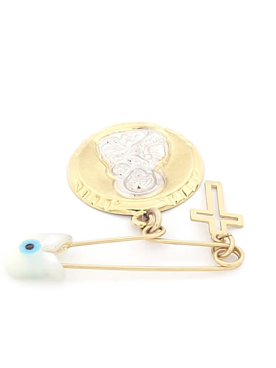 Children's Safety Pin Charm in 9K Gold with Cross and Icon of the Virgin Mary
