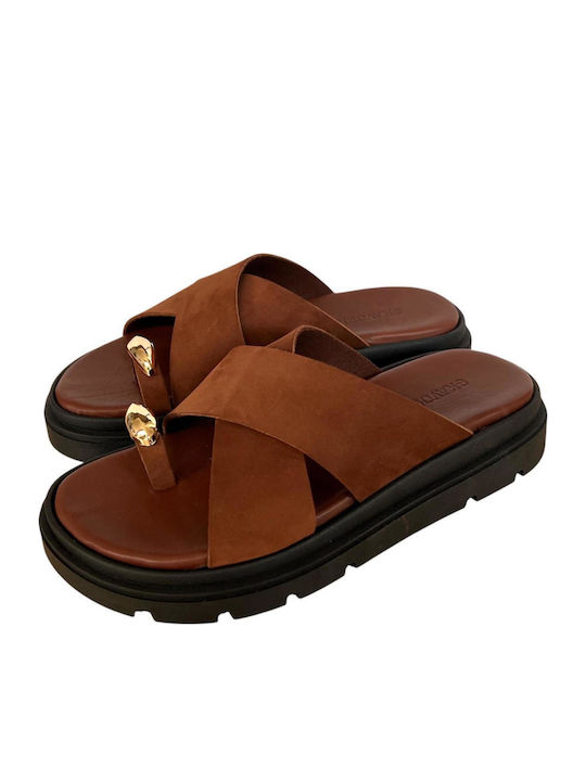 Leather Women's Flat Sandals Flatforms Brown