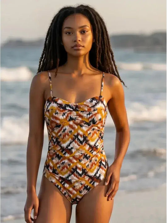 Modern Ocean Women's One Piece Strapless Swimsuit Orange Brown Beige Details Summer Collection C-6363