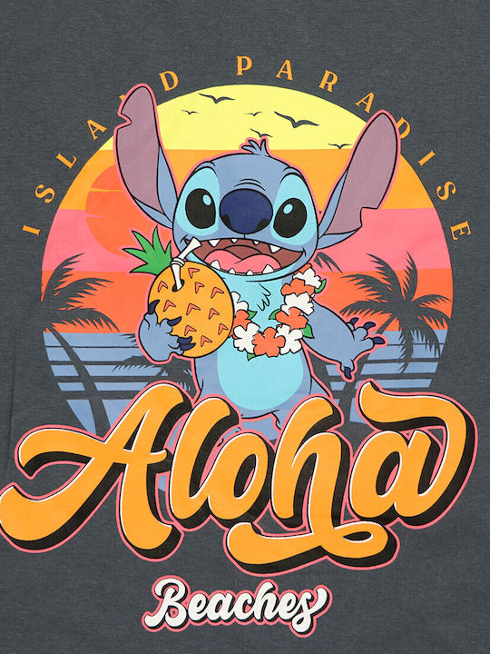 Γυναικεία Καλοκαιρινή Μπλούζα Lilo & Stitch "aloha Beaches" – Σκούρο Γκρι Γραφίτης 100% Βαμβάκι Ez35022 Γραφίτης
