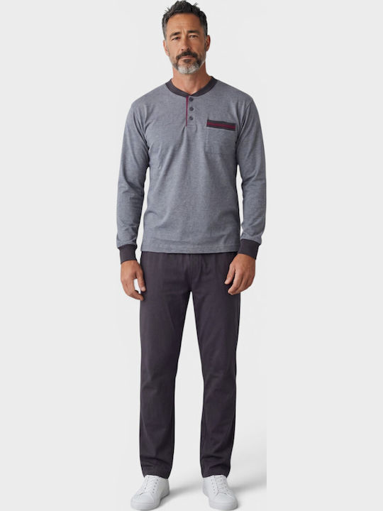 Men's Pyjama Fleece Collection Button Placket & Pocket Grey Cl2710-2-Grey